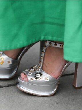 PRADA Vintage Rare Platform Floral Metallic T-Strap Open Toe Heels